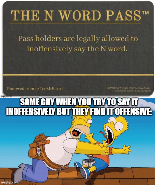 Pretty much. | SOME GUY WHEN YOU TRY TO SAY IT INOFFENSIVELY BUT THEY FIND IT OFFENSIVE: | image tagged in homer choking bart,n word pass | made w/ Imgflip meme maker