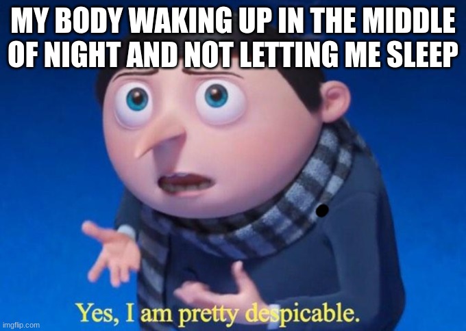 One of the annoying things for me | MY BODY WAKING UP IN THE MIDDLE OF NIGHT AND NOT LETTING ME SLEEP | image tagged in yes i am pretty despicable | made w/ Imgflip meme maker