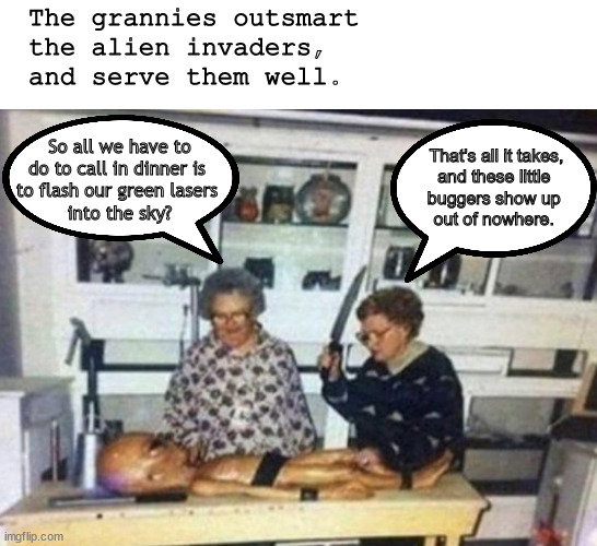 The Grannies | The grannies outsmart 
the alien invaders,
and serve them well. So all we have to do to call in dinner is 
to flash our green lasers 
into the sky? That's all it takes,
and these little 
buggers show up 
out of nowhere. | image tagged in memes,dark humor | made w/ Imgflip meme maker