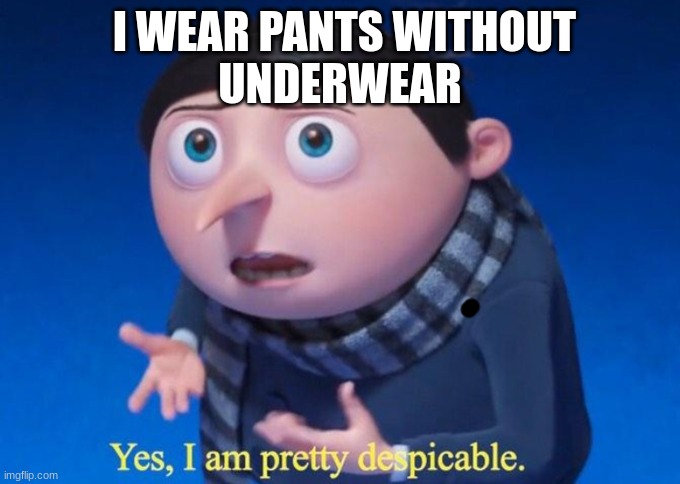 No undies | I WEAR PANTS WITHOUT
UNDERWEAR | image tagged in yes i am pretty despicable,underwear | made w/ Imgflip meme maker