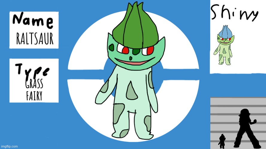 Raltsaur, Ralts and Bulbasaur fusion | RALTSAUR; GRASS
FAIRY | image tagged in pokemon display template | made w/ Imgflip meme maker