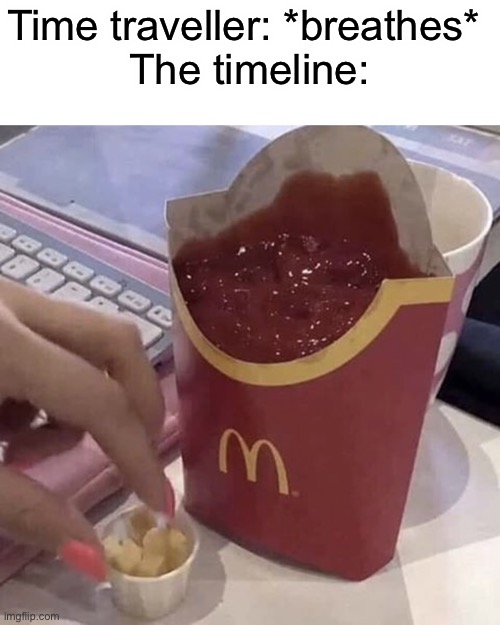 Title | Time traveller: *breathes* 
The timeline: | image tagged in ketchup with a side of fries,memes,funny,time travel | made w/ Imgflip meme maker