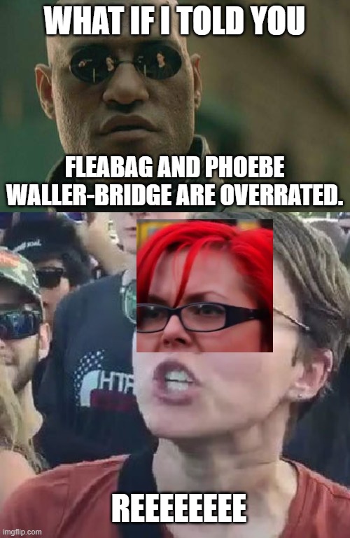 Feminazi recked oved Phoebe Waller-Bridge. | WHAT IF I TOLD YOU; FLEABAG AND PHOEBE WALLER-BRIDGE ARE OVERRATED. REEEEEEEE | image tagged in memes,matrix morpheus,angry feminist,phoebe waller bridge,fleabag,reeeee | made w/ Imgflip meme maker