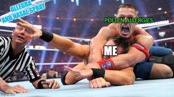 Allergies | ALLEGRA AND NASAL SPRAY; POLLEN ALLERGIES; ME | image tagged in tapping out,john cena,wwe,pollen,allergies | made w/ Imgflip meme maker