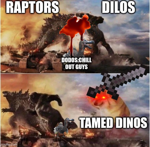 Kong Godzilla Doge | RAPTORS; DILOS; DODOS:CHILL OUT GUYS; TAMED DINOS | image tagged in kong godzilla doge | made w/ Imgflip meme maker