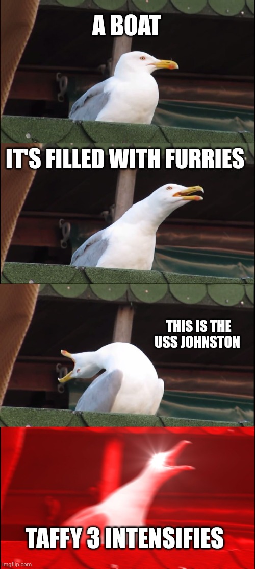 Inhaling Seagull Meme | A BOAT IT'S FILLED WITH FURRIES THIS IS THE USS JOHNSTON TAFFY 3 INTENSIFIES | image tagged in memes,inhaling seagull | made w/ Imgflip meme maker