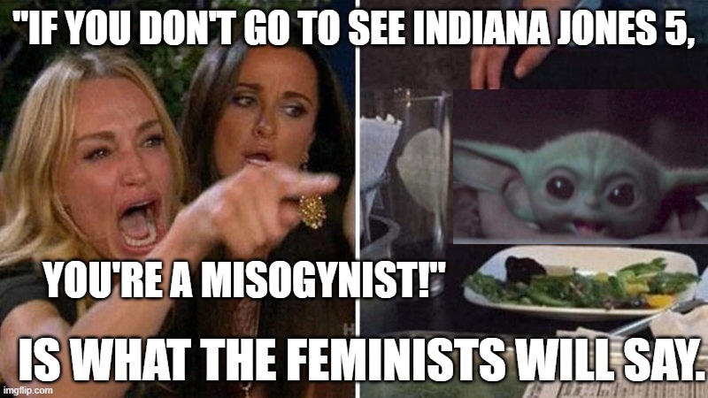 Indian Jones 5 is doomed. | "IF YOU DON'T GO TO SEE INDIANA JONES 5, YOU'RE A MISOGYNIST!"; IS WHAT THE FEMINISTS WILL SAY. | image tagged in memes,funny,woman yelling at baby yoda,misogyny,indy 5,feminists | made w/ Imgflip meme maker