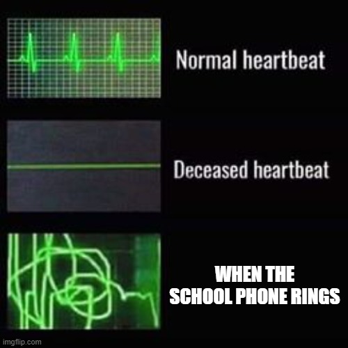 heartbeat rate | WHEN THE SCHOOL PHONE RINGS | image tagged in heartbeat rate | made w/ Imgflip meme maker