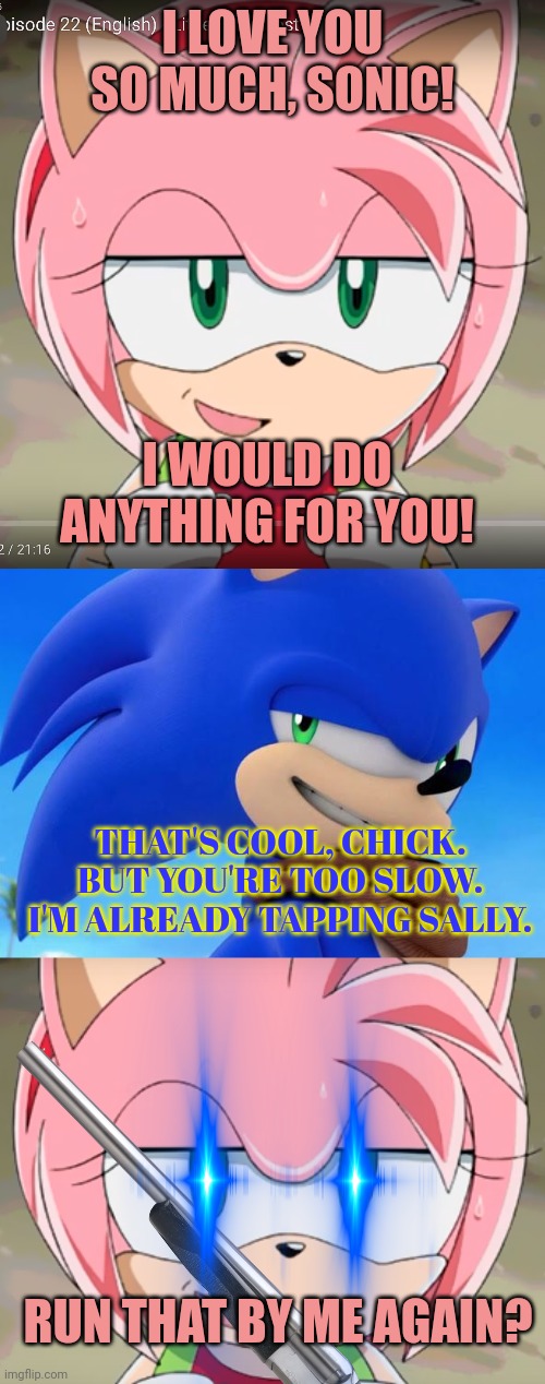 Sonic problems | I LOVE YOU SO MUCH, SONIC! I WOULD DO ANYTHING FOR YOU! THAT'S COOL, CHICK. BUT YOU'RE TOO SLOW. I'M ALREADY TAPPING SALLY. RUN THAT BY ME AGAIN? | image tagged in amy rose,sonic meme,sonic the hedgehog,problems,sega | made w/ Imgflip meme maker