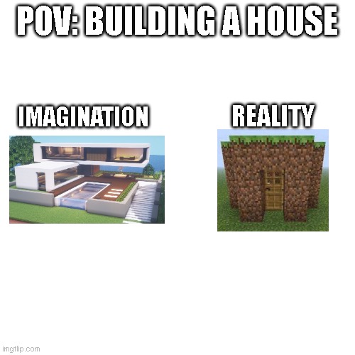 POV: Building a house | POV: BUILDING A HOUSE; IMAGINATION; REALITY | image tagged in minecraft building,minecraft memes | made w/ Imgflip meme maker