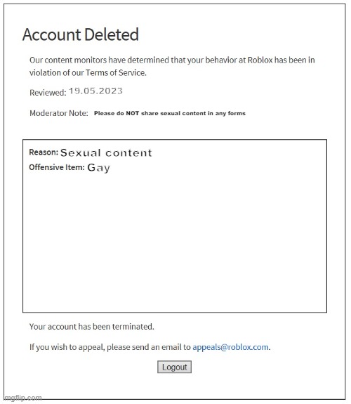 banned from ROBLOX | 19.05.2023; Please do NOT share sexual content in any forms; Sexual content; Gay | image tagged in banned from roblox | made w/ Imgflip meme maker