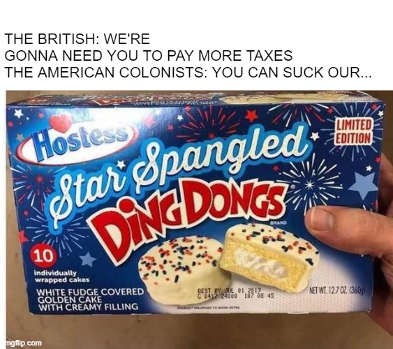 That'll Be a No | THE BRITISH: WE'RE GONNA NEED YOU TO PAY MORE TAXES

THE AMERICAN COLONISTS: YOU CAN SUCK OUR... | image tagged in history memes | made w/ Imgflip meme maker