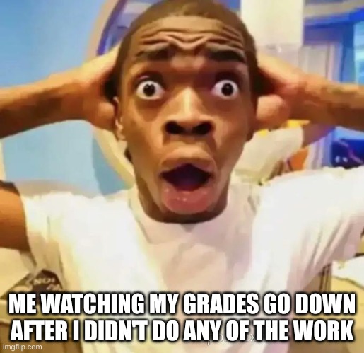 Shocked black guy | ME WATCHING MY GRADES GO DOWN AFTER I DIDN'T DO ANY OF THE WORK | image tagged in shocked black guy | made w/ Imgflip meme maker