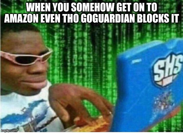 Hacker man | WHEN YOU SOMEHOW GET ON TO AMAZON EVEN THO GOGUARDIAN BLOCKS IT | image tagged in hacker man | made w/ Imgflip meme maker