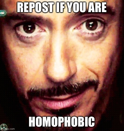 Tony Stark Repost | REPOST IF YOU ARE; HOMOPHOBIC | image tagged in tony stark repost | made w/ Imgflip meme maker