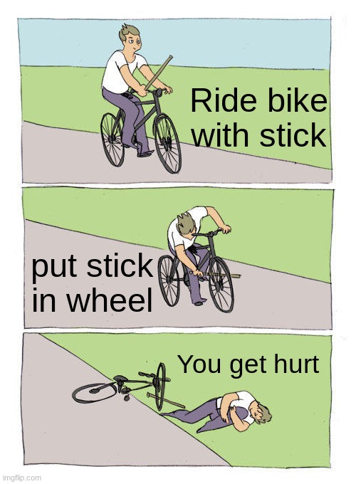 So stupid and I like that | Ride bike with stick; put stick in wheel; You get hurt | image tagged in memes,bike fall | made w/ Imgflip meme maker