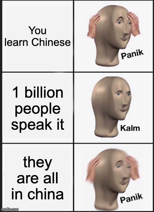 Panik Kalm Panik Meme | You learn Chinese; 1 billion people speak it; they are all in china | image tagged in memes,panik kalm panik | made w/ Imgflip meme maker