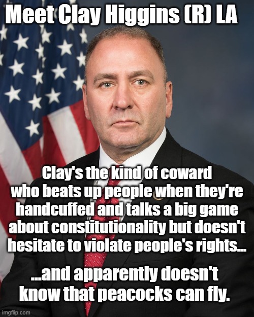 Clay Higgins, authoritarian oppressionist & full-on coward... and likely to be facing criminal charges in the near future. | Meet Clay Higgins (R) LA; Clay's the kind of coward who beats up people when they're handcuffed and talks a big game about constitutionality but doesn't hesitate to violate people's rights... ...and apparently doesn't know that peacocks can fly. | image tagged in coward clay higgins | made w/ Imgflip meme maker