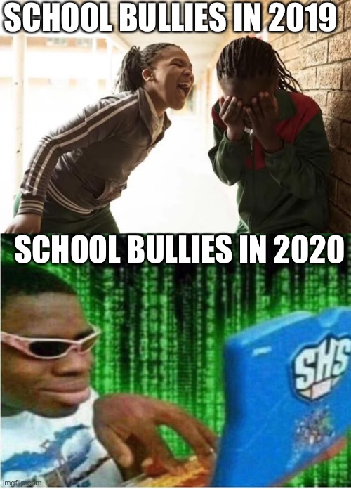 bully | SCHOOL BULLIES IN 2019; SCHOOL BULLIES IN 2020 | image tagged in hacker man | made w/ Imgflip meme maker