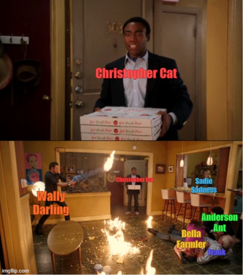 Party Gone Wrong | Christopher Cat; Christopher Cat; Sadie Sadness; Wally Darling; Anderson Ant; Bella Farmler; Frank | image tagged in community fire pizza meme,welcome home | made w/ Imgflip meme maker