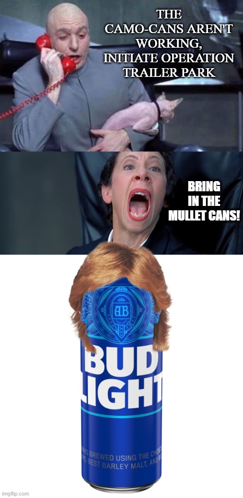 The Implosion Continues | THE CAMO-CANS AREN'T WORKING, INITIATE OPERATION TRAILER PARK; BRING IN THE MULLET CANS! | image tagged in dr evil and frau,can of bud light beer | made w/ Imgflip meme maker