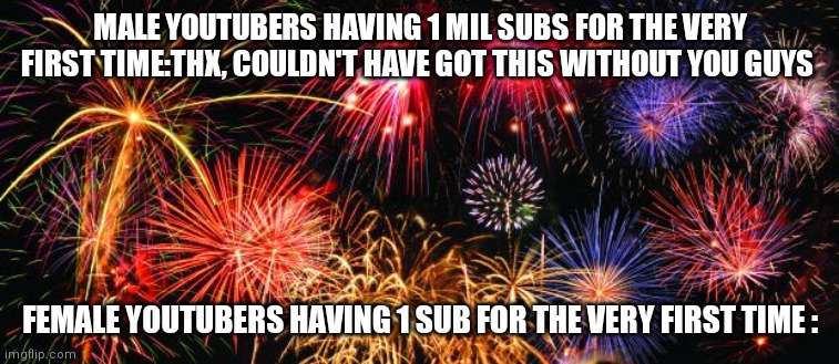 Op. Op Op op | MALE YOUTUBERS HAVING 1 MIL SUBS FOR THE VERY FIRST TIME:THX, COULDN'T HAVE GOT THIS WITHOUT YOU GUYS; FEMALE YOUTUBERS HAVING 1 SUB FOR THE VERY FIRST TIME : | image tagged in colorful fireworks,memes,youtube | made w/ Imgflip meme maker