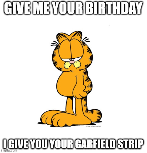Nothing before July 19th, 1978. | GIVE ME YOUR BIRTHDAY; I GIVE YOU YOUR GARFIELD STRIP | image tagged in grumpy garfield,strip,funny,meme,guessing | made w/ Imgflip meme maker