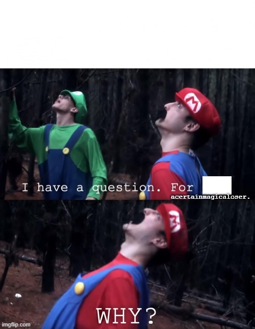 A Question for acertainmagicaloser | acertainmagicaloser. | image tagged in acertainmagicaloser,mario,luigi,why,reaction,memes | made w/ Imgflip meme maker