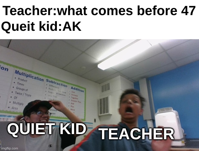 damn monkeys | Teacher:what comes before 47; Queit kid:AK; TEACHER; QUIET KID | image tagged in dank memes | made w/ Imgflip meme maker