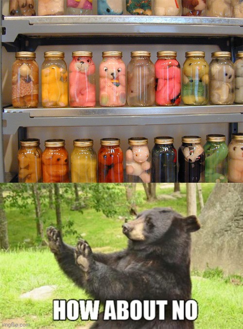 Cursed jarred toys | image tagged in memes,how about no bear,cursed image,jar,stuffed bears,toys | made w/ Imgflip meme maker