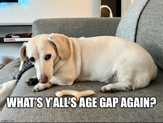 Pedophobe | WHAT’S Y’ALL’S AGE GAP AGAIN? | image tagged in homophobic dog | made w/ Imgflip meme maker
