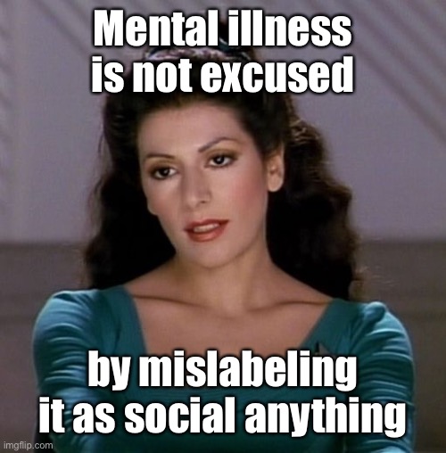 Counselor Deanna Troi | Mental illness is not excused by mislabeling it as social anything | image tagged in counselor deanna troi | made w/ Imgflip meme maker