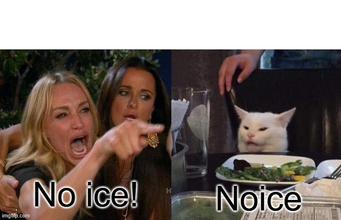 Noice | No ice! Noice | image tagged in memes,woman yelling at cat | made w/ Imgflip meme maker
