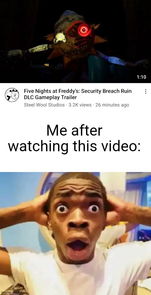 We finally got it | Me after watching this video: | image tagged in shocked black guy,memes,fnaf,dlc | made w/ Imgflip meme maker