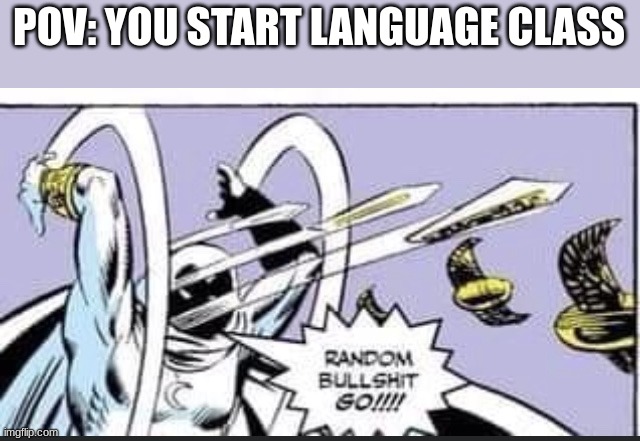 Come again? | POV: YOU START LANGUAGE CLASS | image tagged in random bullshit go | made w/ Imgflip meme maker
