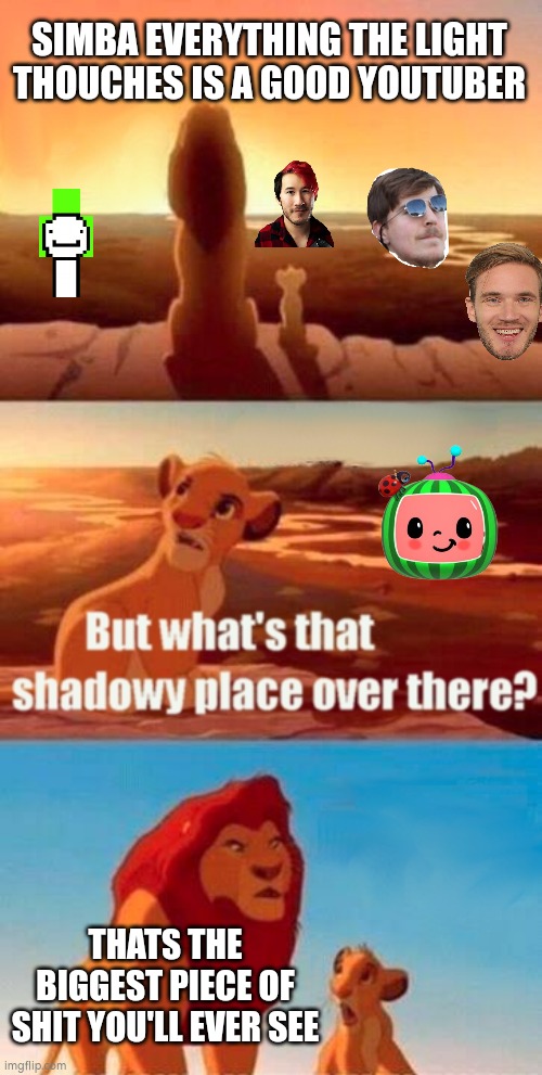 Good content vs bad | SIMBA EVERYTHING THE LIGHT THOUCHES IS A GOOD YOUTUBER; THATS THE BIGGEST PIECE OF SHIT YOU'LL EVER SEE | image tagged in memes,simba shadowy place | made w/ Imgflip meme maker