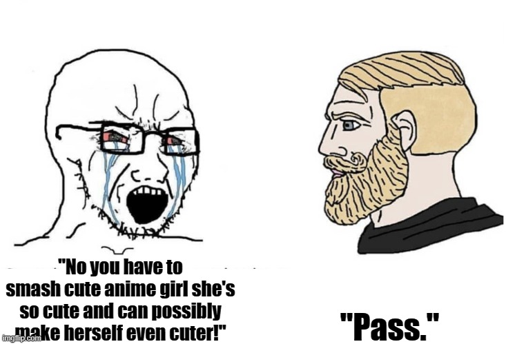 Soyboy Vs Yes Chad | "No you have to smash cute anime girl she's so cute and can possibly make herself even cuter!" "Pass." | image tagged in soyboy vs yes chad | made w/ Imgflip meme maker