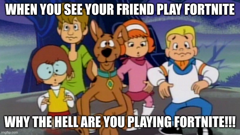 A pup named scoody doo WTF | WHEN YOU SEE YOUR FRIEND PLAY FORTNITE; WHY THE HELL ARE YOU PLAYING FORTNITE!!! | image tagged in a pup named scoody doo wtf | made w/ Imgflip meme maker