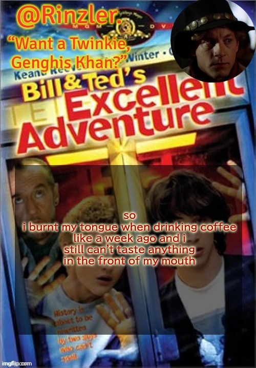 so
i burnt my tongue when drinking coffee like a week ago and i still can't taste anything in the front of my mouth | image tagged in rinzler s excellent template | made w/ Imgflip meme maker