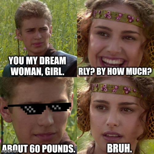 Anakin Padme 4 Panel | YOU MY DREAM WOMAN, GIRL. RLY? BY HOW MUCH? ABOUT 60 POUNDS. BRUH. | image tagged in anakin padme 4 panel | made w/ Imgflip meme maker