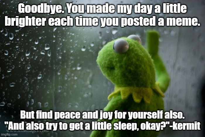 kermit window | Goodbye. You made my day a little brighter each time you posted a meme. But find peace and joy for yourself also.
"And also try to get a lit | image tagged in kermit window | made w/ Imgflip meme maker