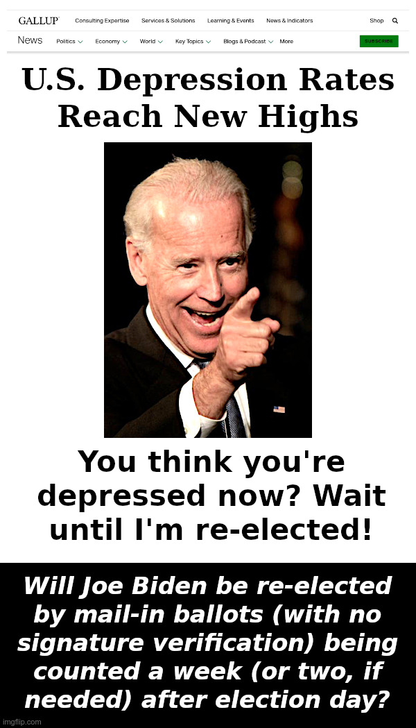 Joe Biden: You Think You're Depressed Now? | image tagged in joe biden,depression,incompetence,mail-in ballots,signature verification,voter fraud | made w/ Imgflip meme maker
