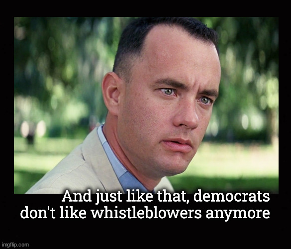 Just like that, democrats don't like whistleblowers anymore | And just like that, democrats
don't like whistleblowers anymore | image tagged in and just like that,whistleblowers,public corruption,fbi corruption | made w/ Imgflip meme maker