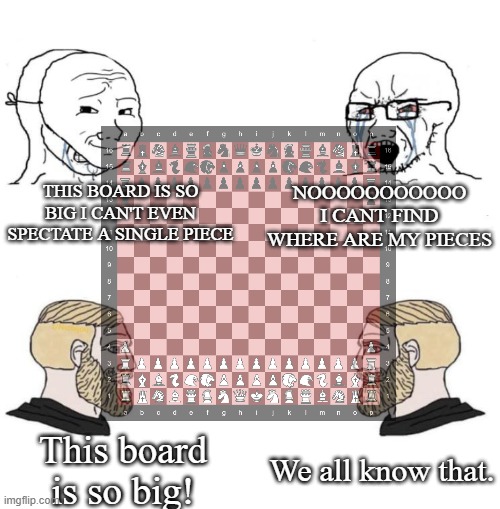 Hyperchess be like | THIS BOARD IS SO BIG I CAN'T EVEN SPECTATE A SINGLE PIECE; NOOOOOOOOOOO I CANT FIND WHERE ARE MY PIECES; This board is so big! We all know that. | image tagged in chad we know,soyboy vs yes chad | made w/ Imgflip meme maker