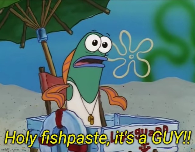 Holy fishpaste, it's a guy! | image tagged in holy fishpaste it's a guy | made w/ Imgflip meme maker