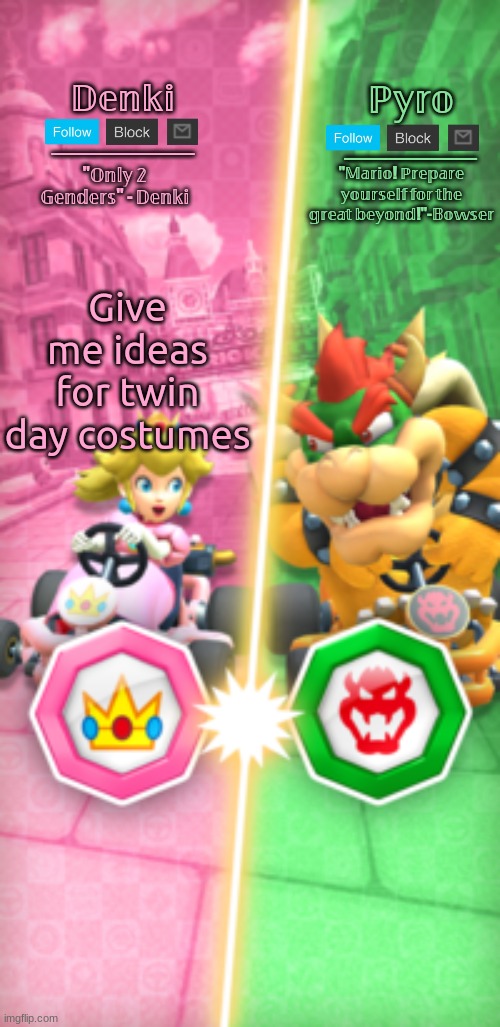 I'm prolly gonna be Walter White & Jesse with one of my friends | Give me ideas for twin day costumes | image tagged in denki and pyro | made w/ Imgflip meme maker