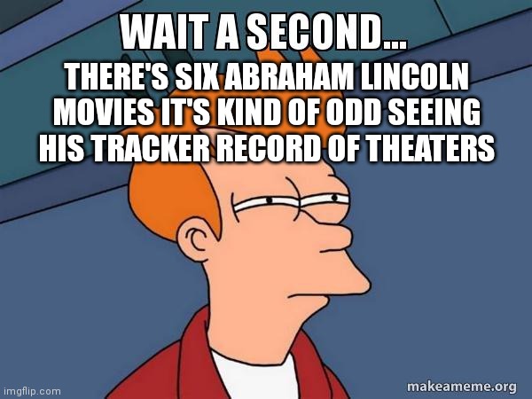 THERE'S SIX ABRAHAM LINCOLN MOVIES IT'S KIND OF ODD SEEING HIS TRACKER RECORD OF THEATERS | made w/ Imgflip meme maker