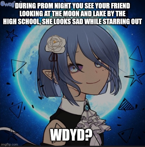 Hello | DURING PROM NIGHT YOU SEE YOUR FRIEND LOOKING AT THE MOON AND LAKE BY THE HIGH SCHOOL, SHE LOOKS SAD WHILE STARRING OUT; WDYD? | image tagged in romance allowed girls preferred bc she gae,no joke,no bambi,erp in memechat | made w/ Imgflip meme maker