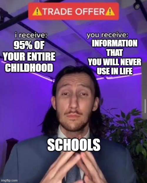 skool b like | INFORMATION THAT YOU WILL NEVER USE IN LIFE; 95% OF YOUR ENTIRE CHILDHOOD; SCHOOLS | image tagged in i receive you receive,memes,funny,gifs,not really a gif | made w/ Imgflip meme maker