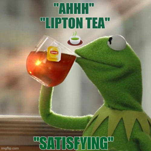 Lipton Tea | "AHHH" 
"LIPTON TEA"
🍵; "SATISFYING" | image tagged in memes,kermit the frog | made w/ Imgflip meme maker